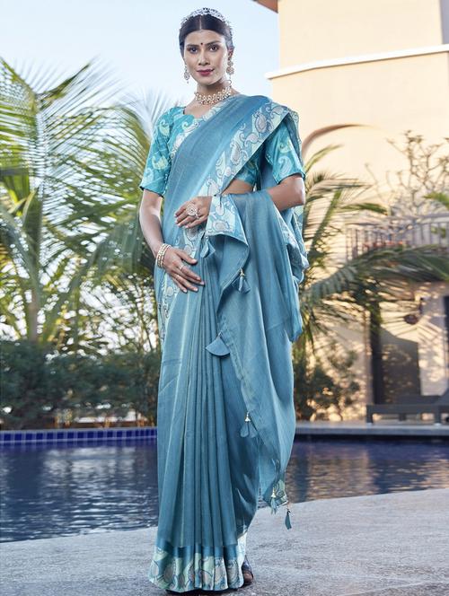 women's bordered blue colored saree with blouse - 19699892 - Very Small Image - 1