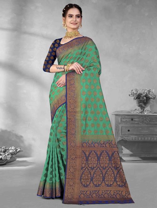 ethnic motif woven contrast border saree with blouse - 19699899 - Very Small Image - 1