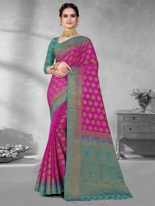 ethnic motif woven contrast border saree with blouse - 19699900 - Very Small Image - 1