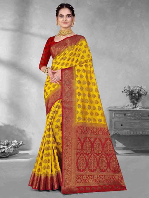 ethnic motif woven contrast border saree with blouse - 19699901 - Very Small Image - 1