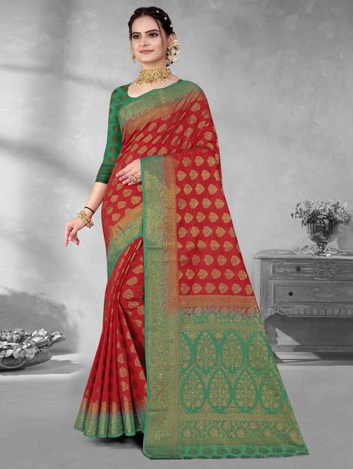 ethnic motif woven contrast border saree with blouse - 19699903 - Very Small Image - 1