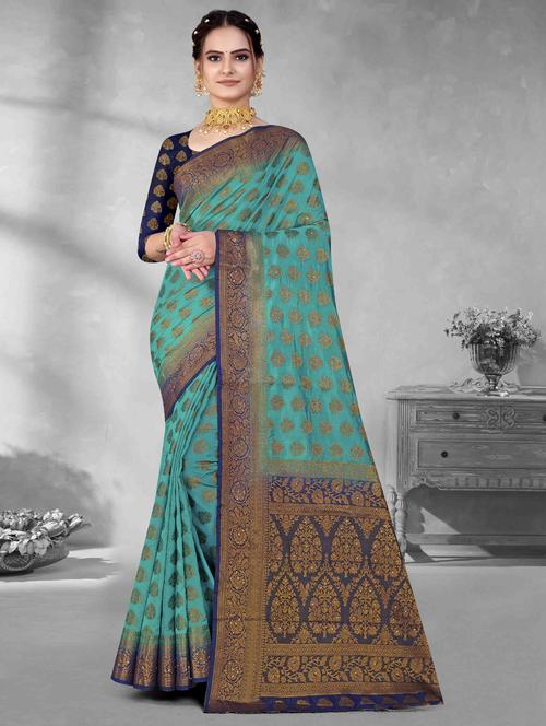 ethnic motif woven contrast border saree with blouse - 19699904 - Very Small Image - 1