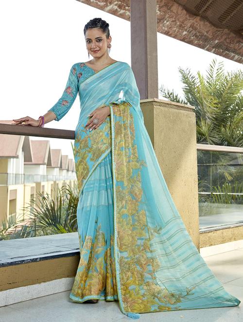 floral print woven saree with blouse - 19699913 - Very Small Image - 1