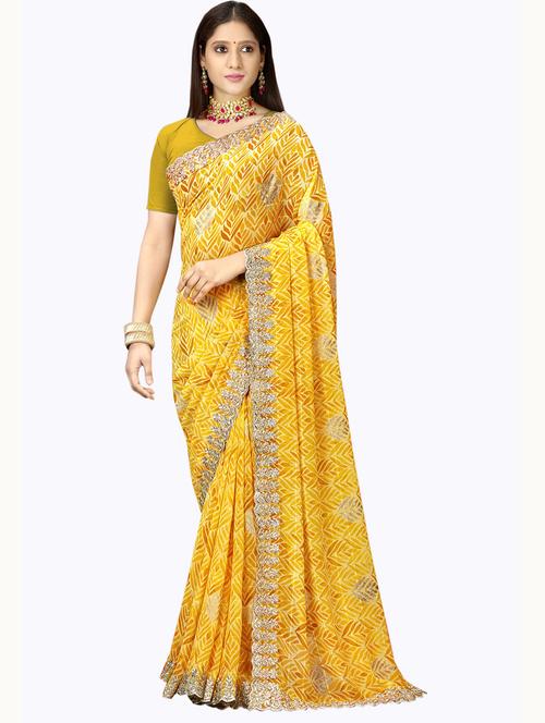 yellow printed woven saree with blouse - 19699969 - Very Small Image - 1