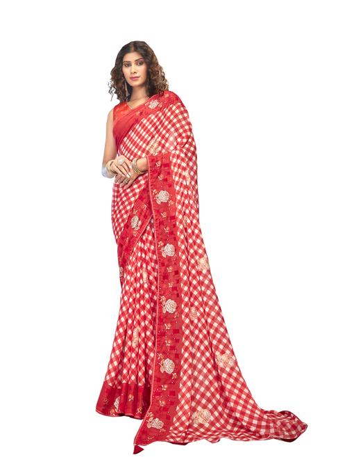 women's checks maroon colored saree with blouse - 19700056 - Very Small Image - 1
