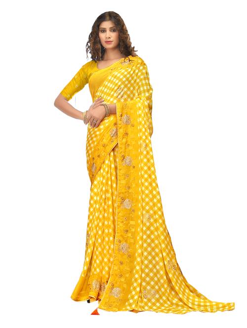 women's checks mustard colored saree with blouse - 19700058 - Very Small Image - 1