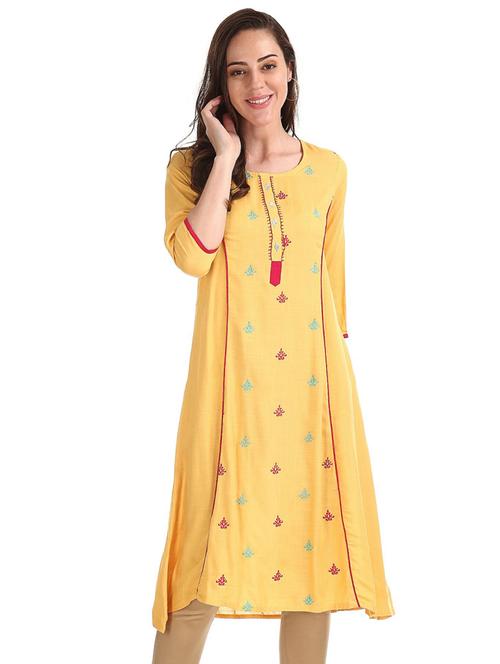 round neck solid a line kurta - 19700498 - Very Small Image - 1