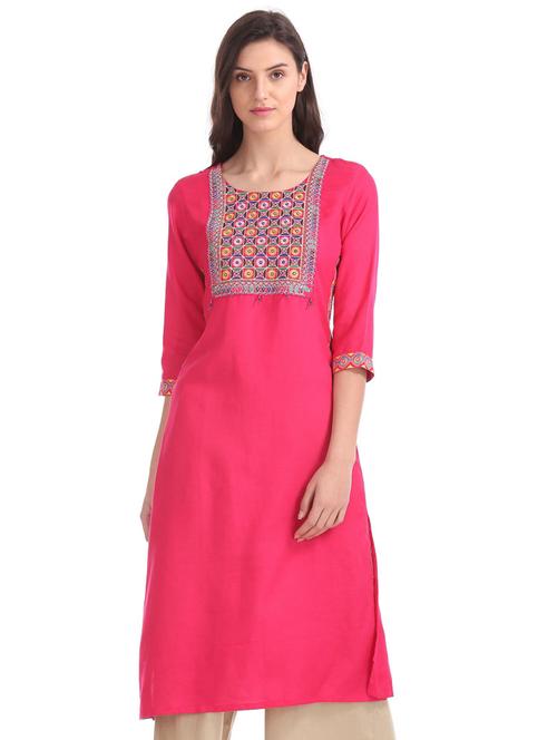 round neck solid straight kurta - 19700533 - Very Small Image - 1