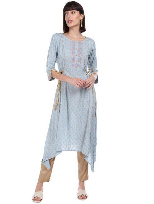 round neck printed aysmmetric kurta - 19700633 - Very Small Image - 1