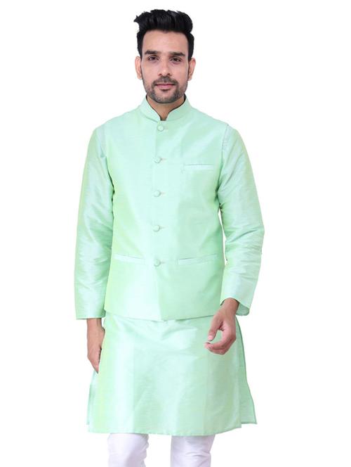 green solid kurta pyjama with nehru jacket - 19702829 - Very Small Image - 1