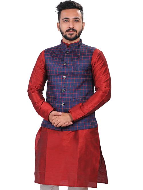 multi colored checkered kurta pyjama with nehru jacket - 19702870 - Very Small Image - 1