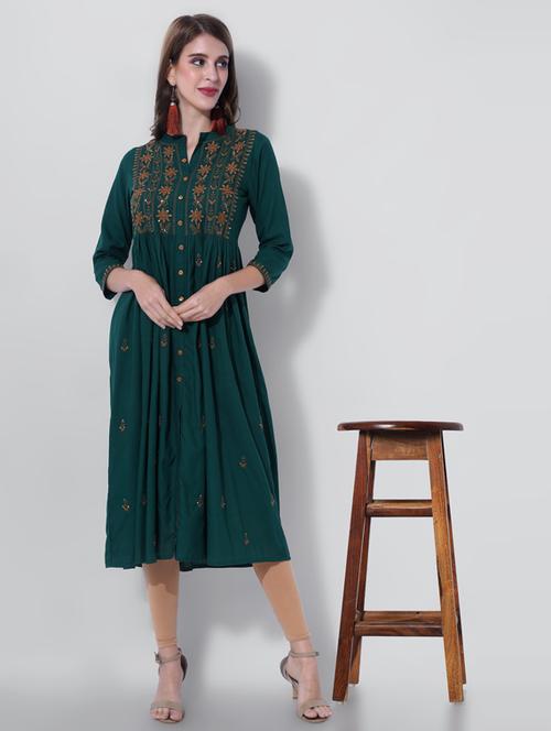 women mandarin collar embroidered flared kurta - 19702957 - Very Small Image - 1