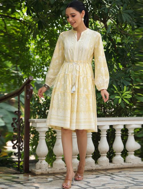 floral print sequins work fit and flare dress with waist tie - 19707126 - Very Small Image - 1