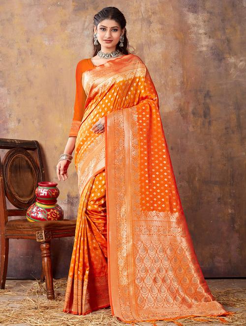 orange silk saree - 19708705 - Very Small Image - 1
