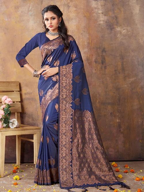 navy silk saree - 19708709 - Very Small Image - 1