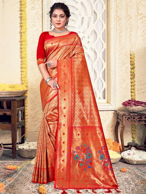 orange silk kanjivaram saree - 19708738 - Very Small Image - 1