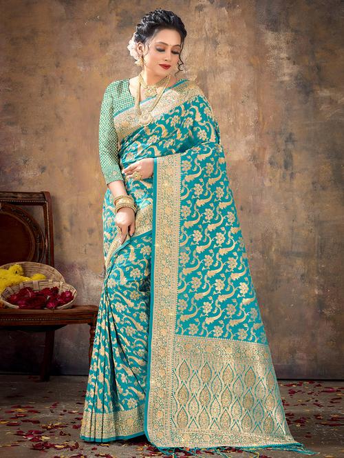 turquoise silk saree - 19708798 - Very Small Image - 1