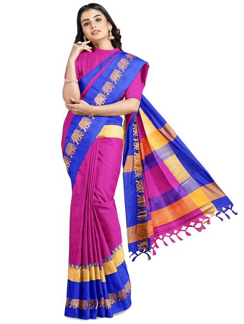 solid woven contrast border saree with blouse - 19711062 - Very Small Image - 1