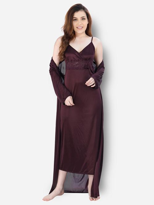 brown lace night dress with robe set - 19711306 - Very Small Image - 1