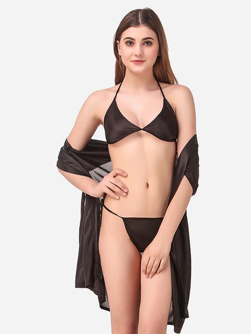 black solid front tie nightwear set - 19711387 - Very Small Image - 1