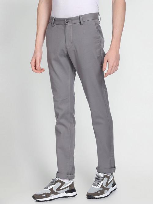 grey cotton blend flat front casual trousers - 19714158 - Very Small Image - 1