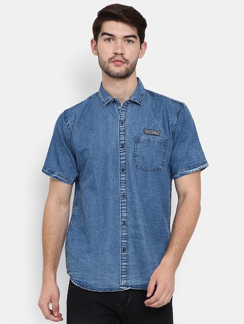 men denim solid short sleeve casual shirt - 19717423 - Very Small Image - 1