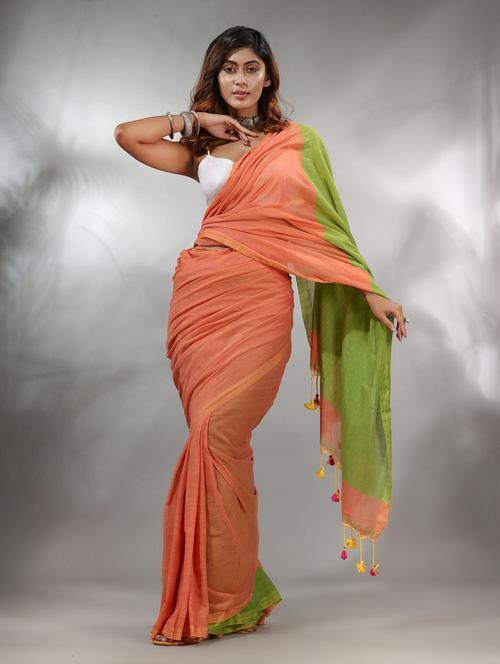 orange cotton saree with blouse - 19717684 - Very Small Image - 1