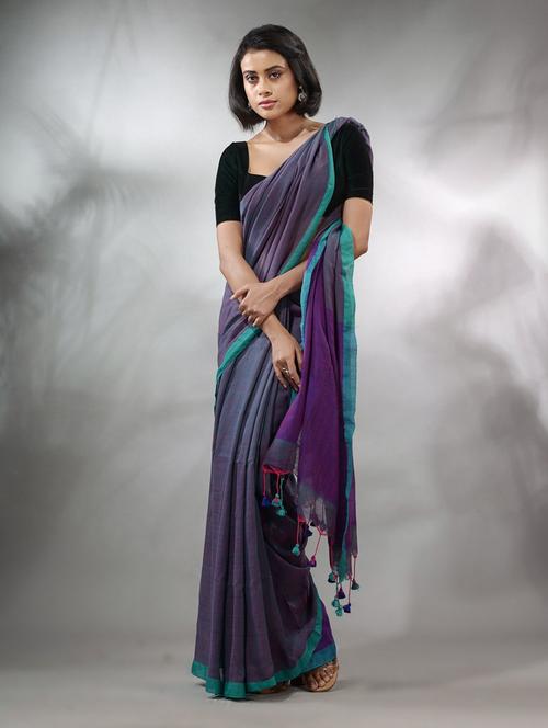 blue cotton saree with blouse - 19717688 - Very Small Image - 1