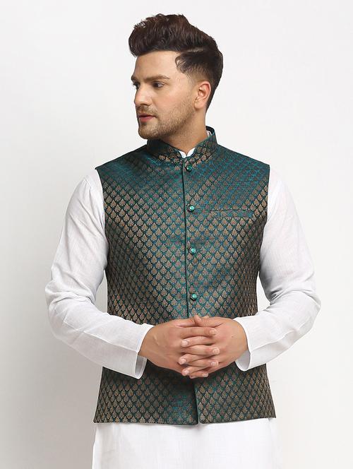 men mandarin collar woven nehru jacket - 19718189 - Very Small Image - 1