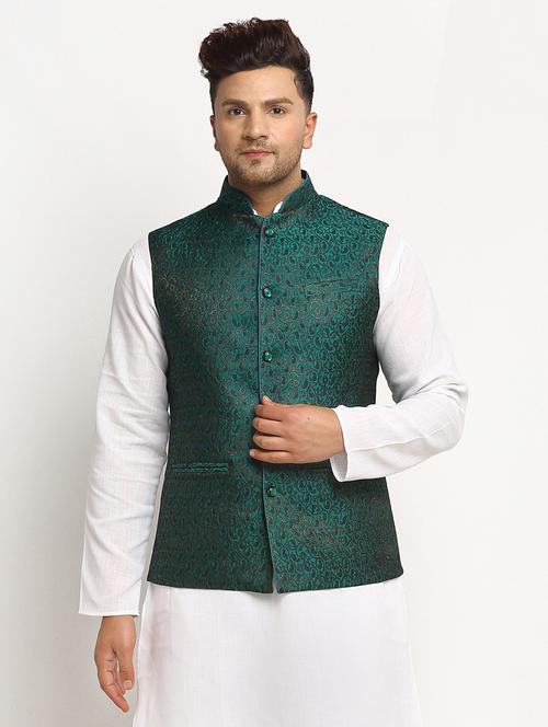 men mandarin collar woven nehru jacket - 19718190 - Very Small Image - 1