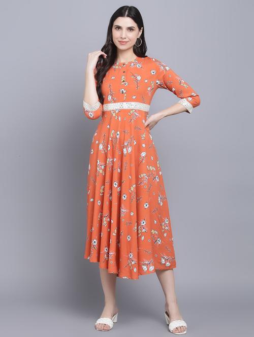 orange floral fit & flare dress - 19718516 - Very Small Image - 1
