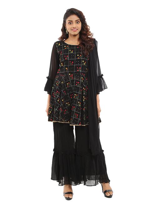 women black round neck kurta sharara set with dupatta - 19724823 - Very Small Image - 1