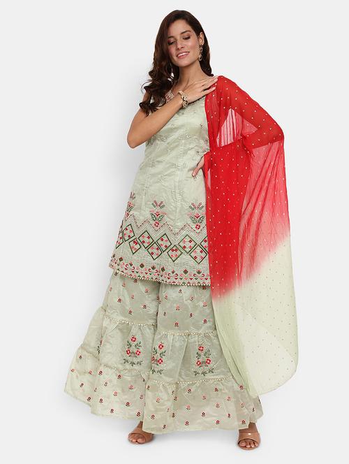 women green round neck kurta sharara set with dupatta - 19724826 - Very Small Image - 1