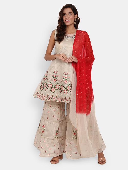 women beige round neck kurta sharara set with dupatta - 19724830 - Very Small Image - 1