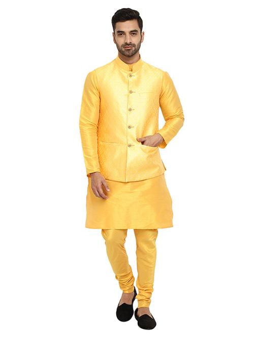 yellow self design kurta pyjama with jacket set - 19724886 - Very Small Image - 1