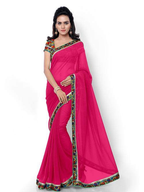 contrast bordered plain saree with blouse - 19728139 - Very Small Image - 1