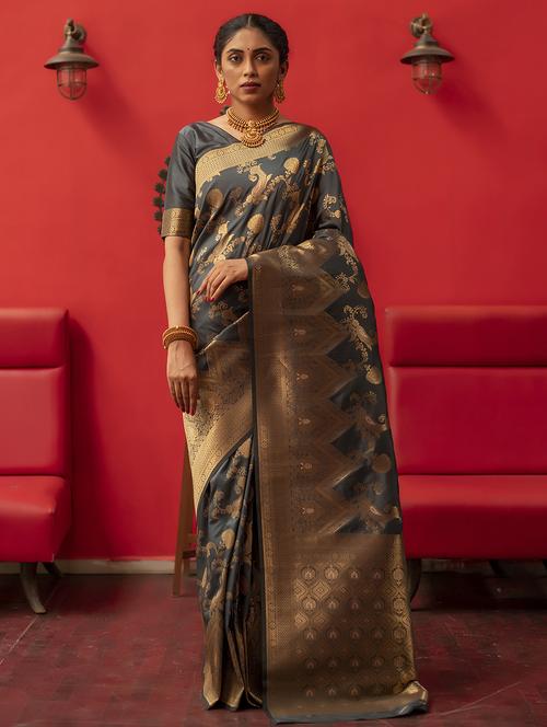 grey silk blend saree with blouse - 19735884 - Very Small Image - 1