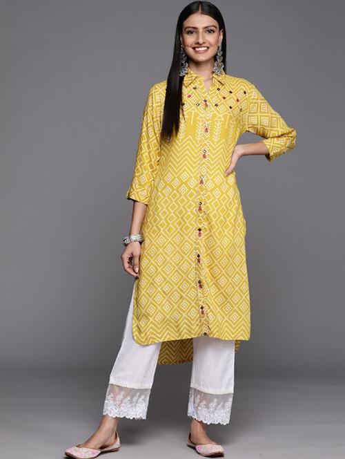 yellow rayon straight kurta - 19737205 - Very Small Image - 1