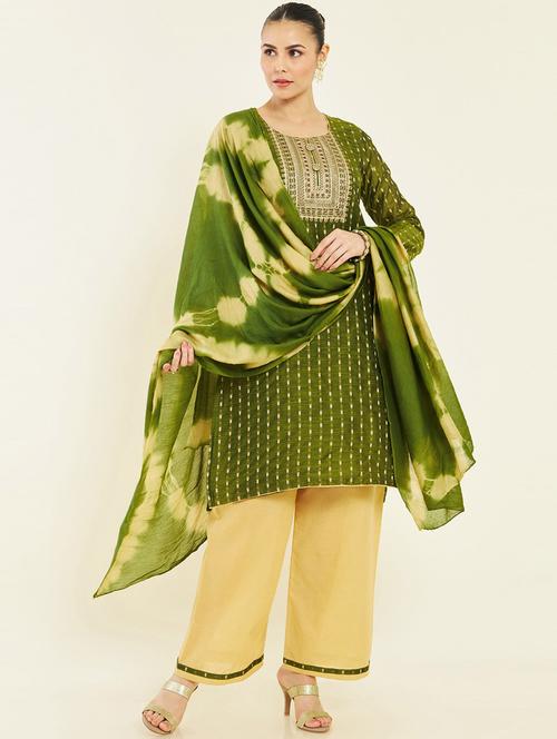 green embroidered silk unstitched suit set - 19738414 - Very Small Image - 1