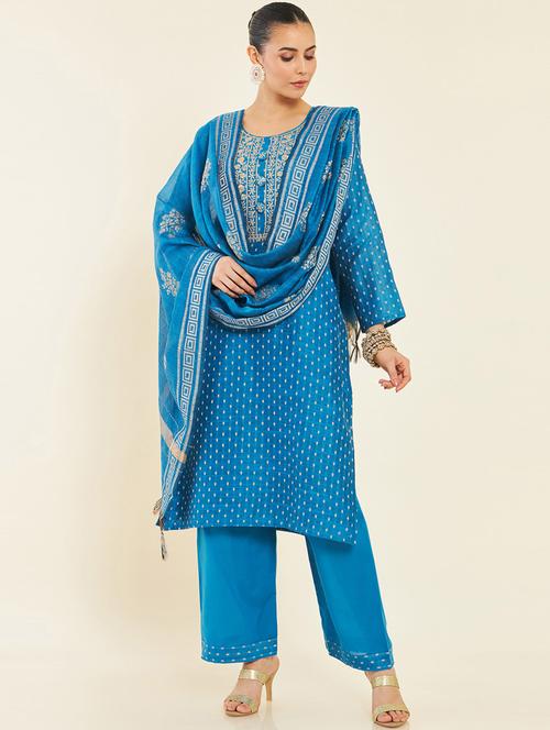 blue embroidered silk unstitched suit set - 19738418 - Very Small Image - 1