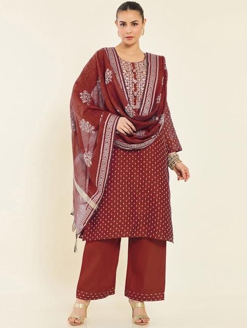 maroon embroidered silk unstitched suit set - 19738421 - Very Small Image - 1