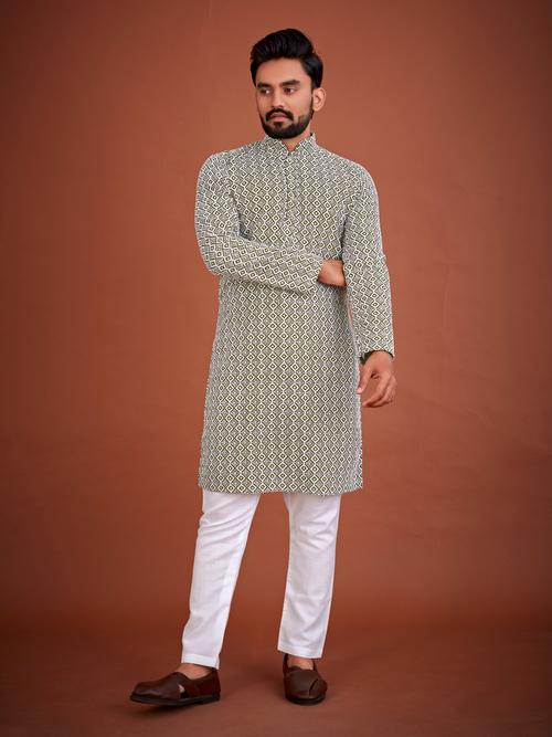 men white & green thread embroidered kurta set - 19743064 - Very Small Image - 1