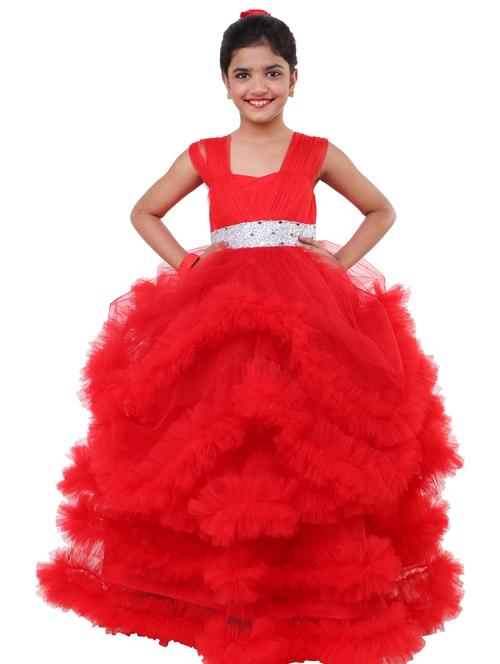 girls red self designed sleeveless frock - 19743307 - Very Small Image - 1