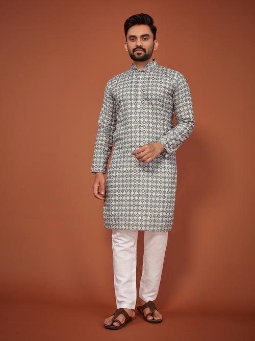 men's grey printed kurta - 19743908 - Very Small Image - 1