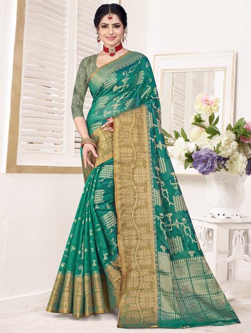 green self design jamdani saree with blouse - 19744169 - Very Small Image - 1