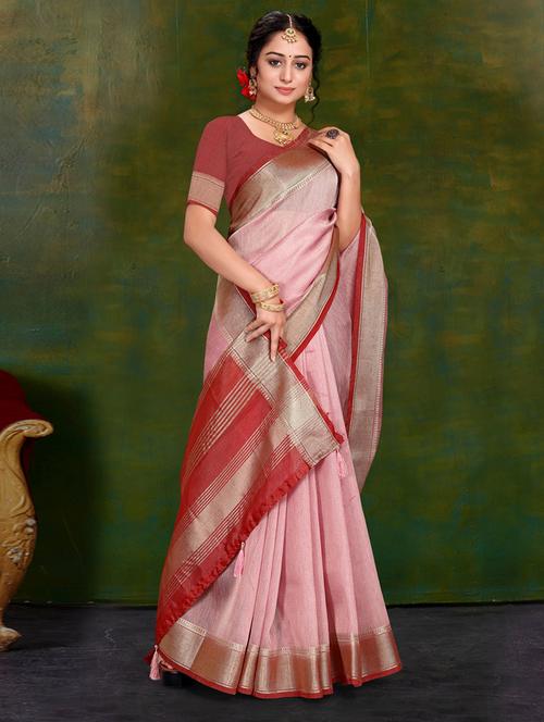 pink solid with border woven saree - 19744180 - Very Small Image - 1