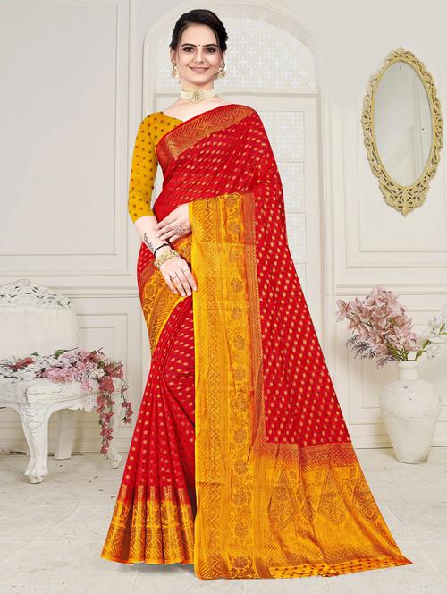 red self design woven saree with blouse - 19744219 - Very Small Image - 1