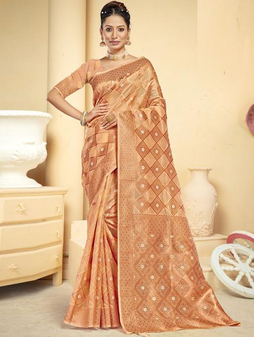 peach self design woven saree with blouse - 19744349 - Very Small Image - 1