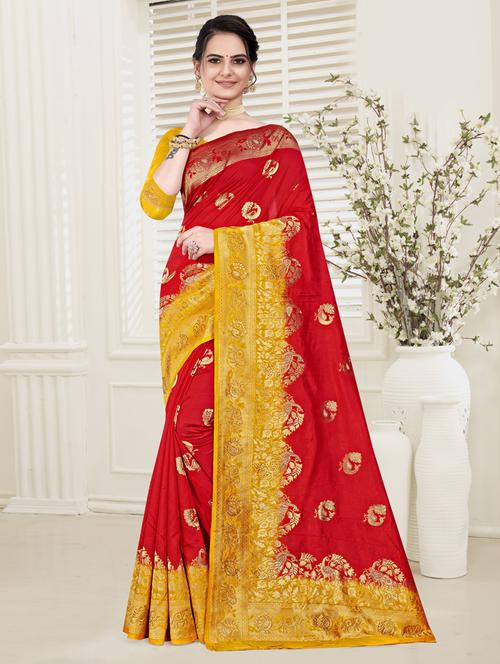red self design woven saree with blouse - 19744370 - Very Small Image - 1