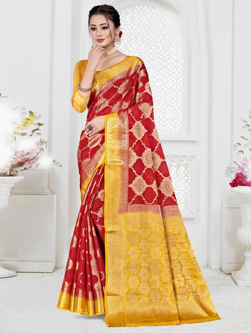 red self design woven saree with blouse - 19744381 - Very Small Image - 1